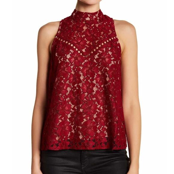 WAYF Women's Garnet Lace Overlay Sleeveless High Neck Portrait Blouse sz M - Picture 3 of 6